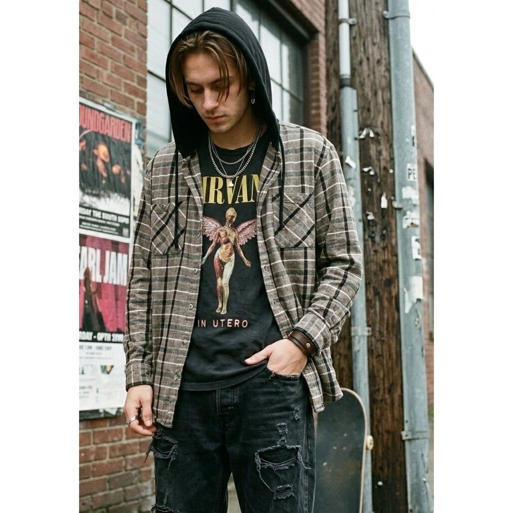 PacSun Hoodie Flannel Shirt Mens L Brown Black Plaid Button Up Hooded 90s Grunge